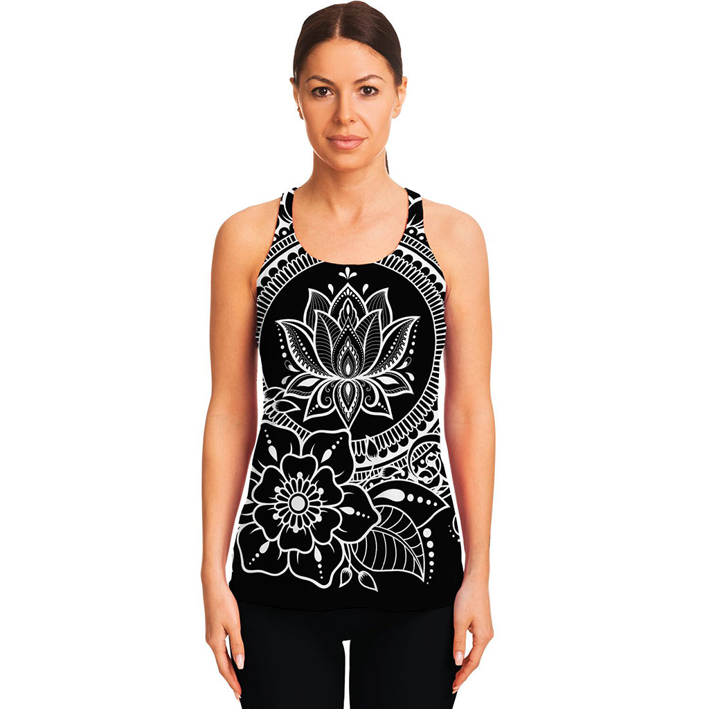 Black And White Lotus Flower Print Women's Racerback Tank Top