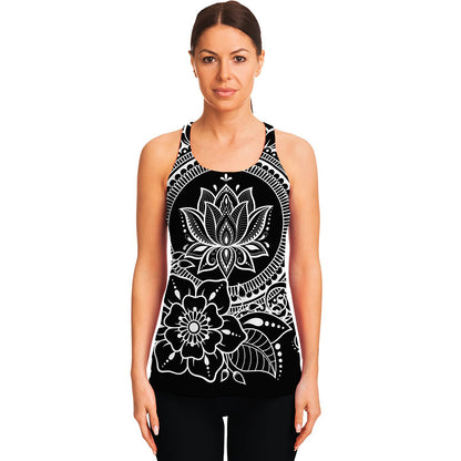 Black And White Lotus Flower Print Women's Racerback Tank Top