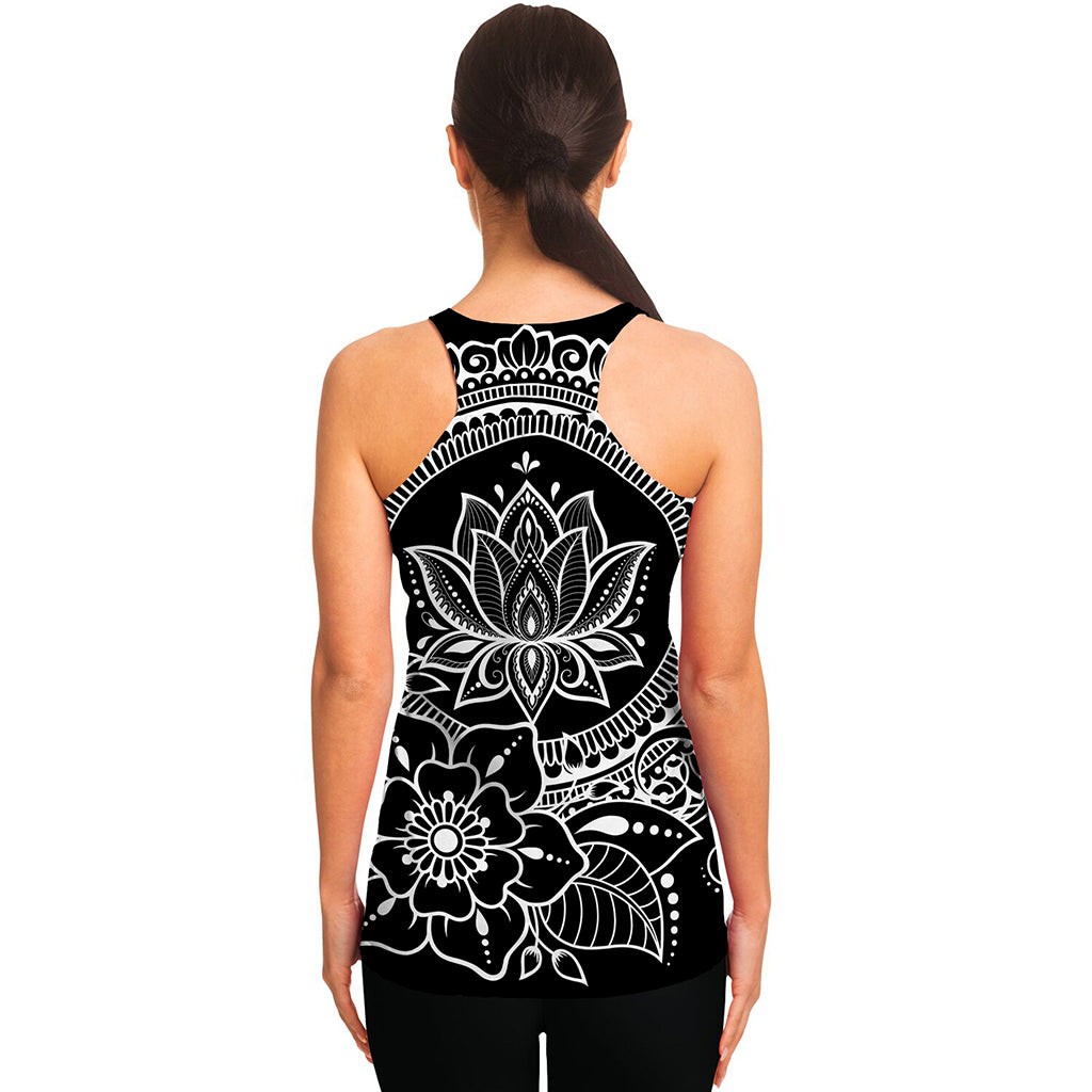 Black And White Lotus Flower Print Women's Racerback Tank Top