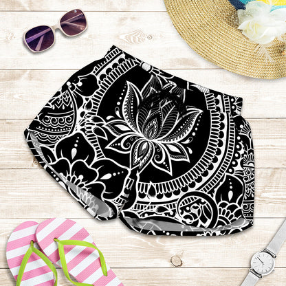 Black And White Lotus Flower Print Women's Shorts