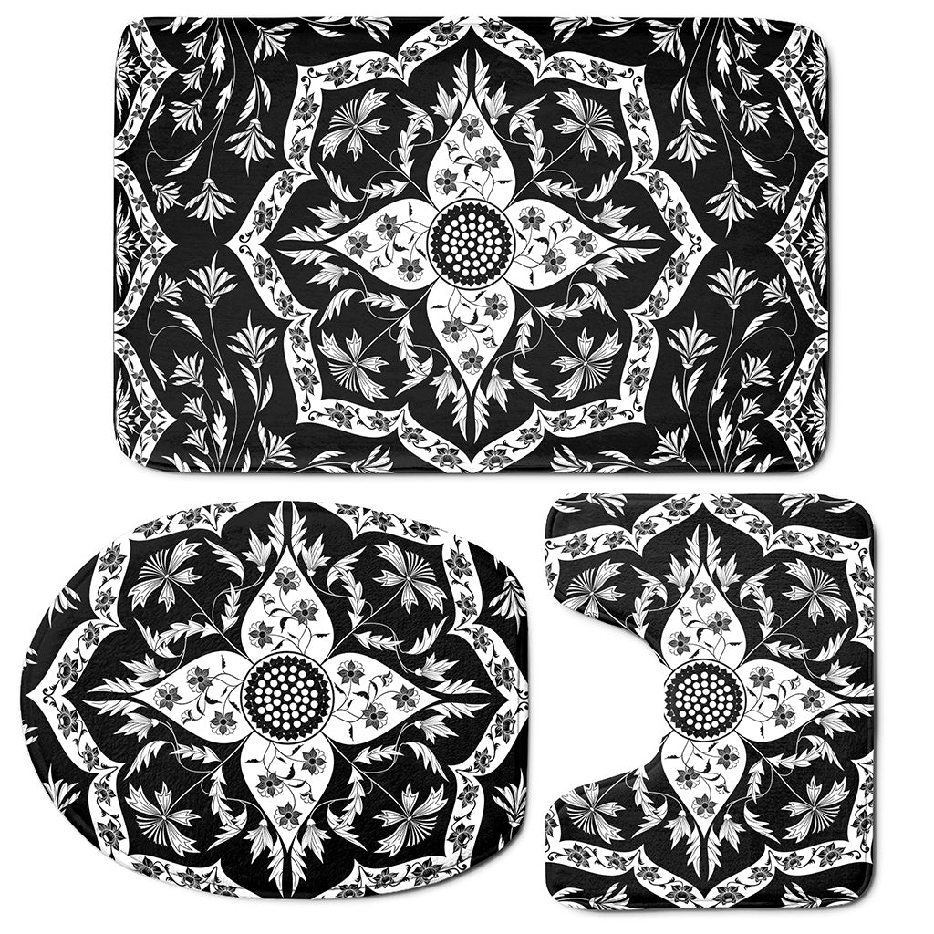 Black And White Lotus Mandala Print 3 Piece Bath Mat Set