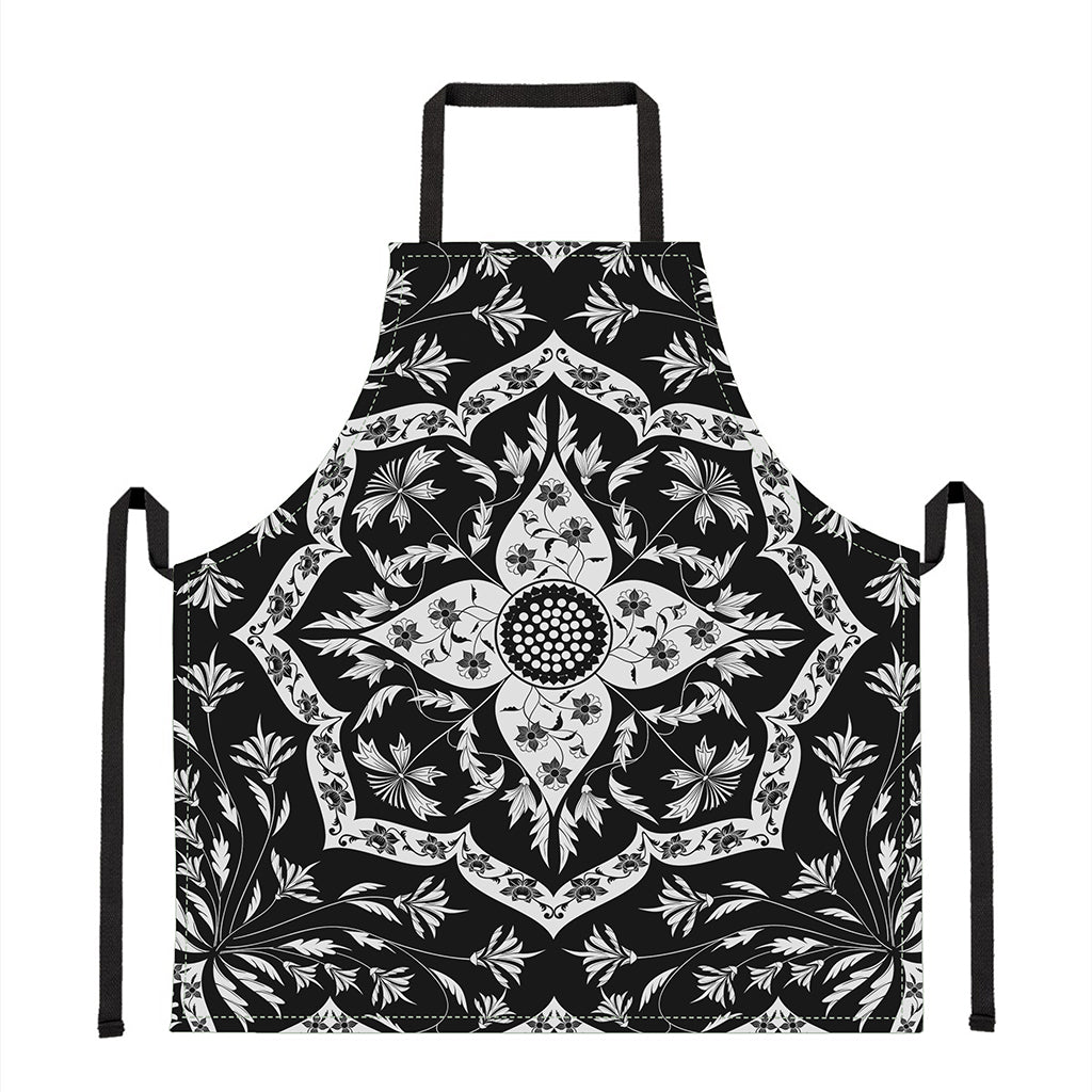 Black And White Lotus Mandala Print Apron