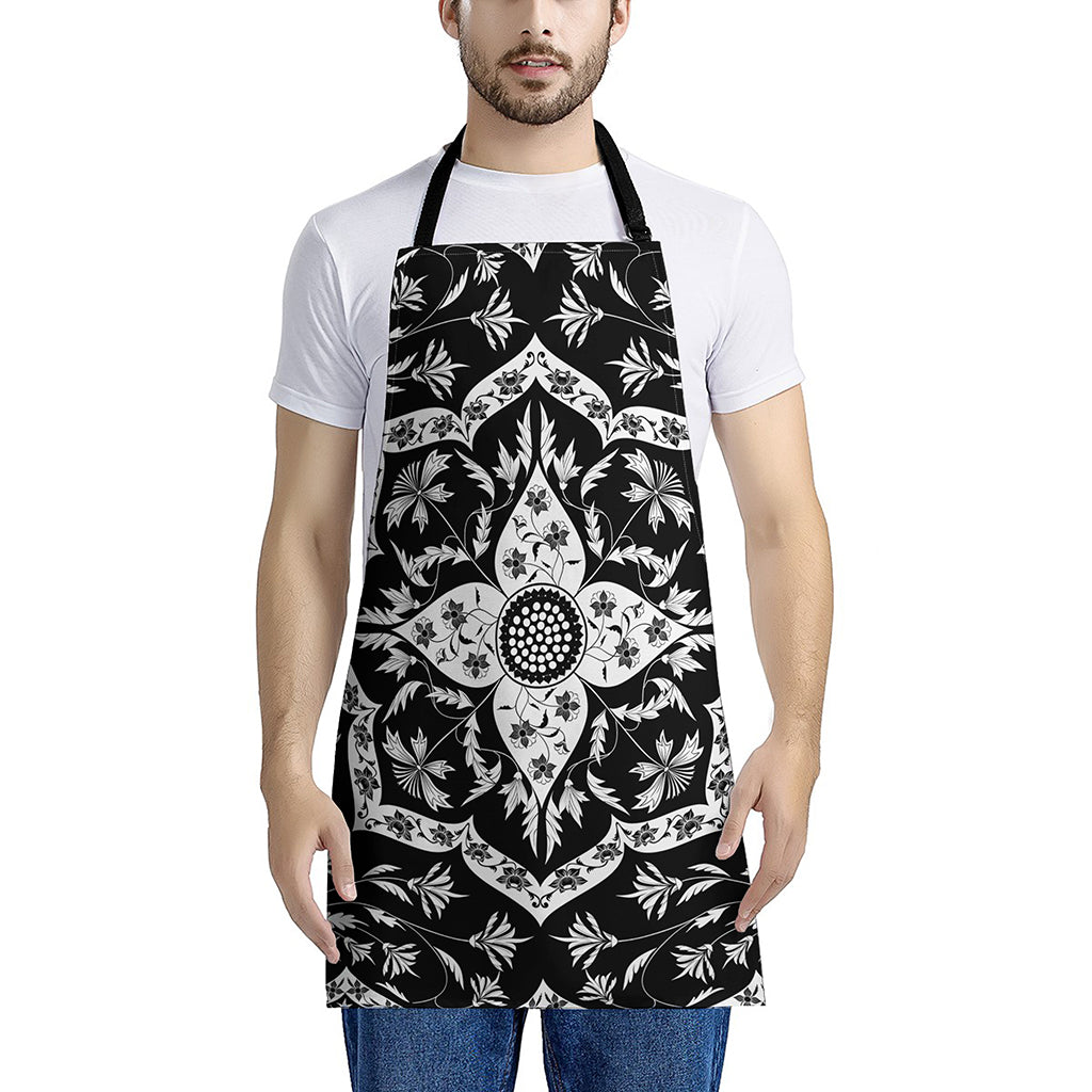 Black And White Lotus Mandala Print Apron