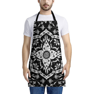 Black And White Lotus Mandala Print Apron