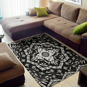 Black And White Lotus Mandala Print Area Rug