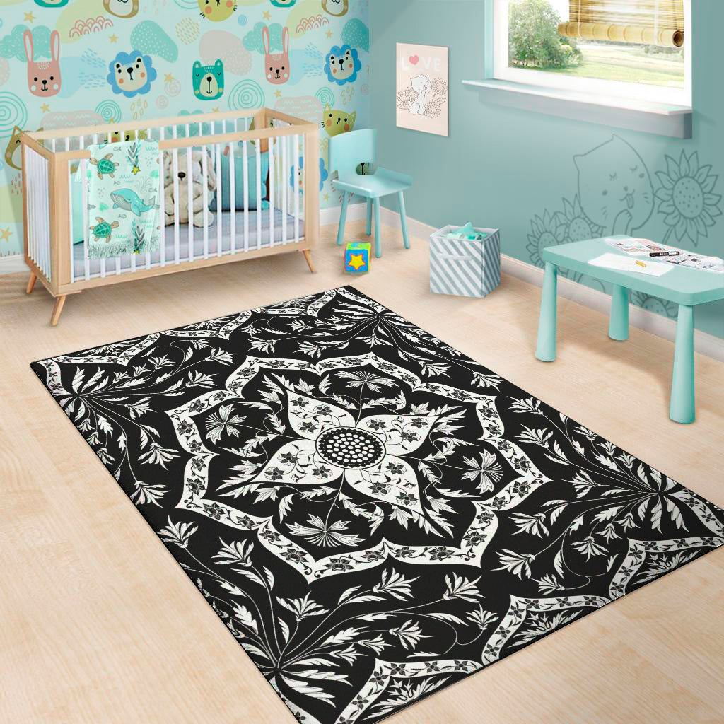 Black And White Lotus Mandala Print Area Rug