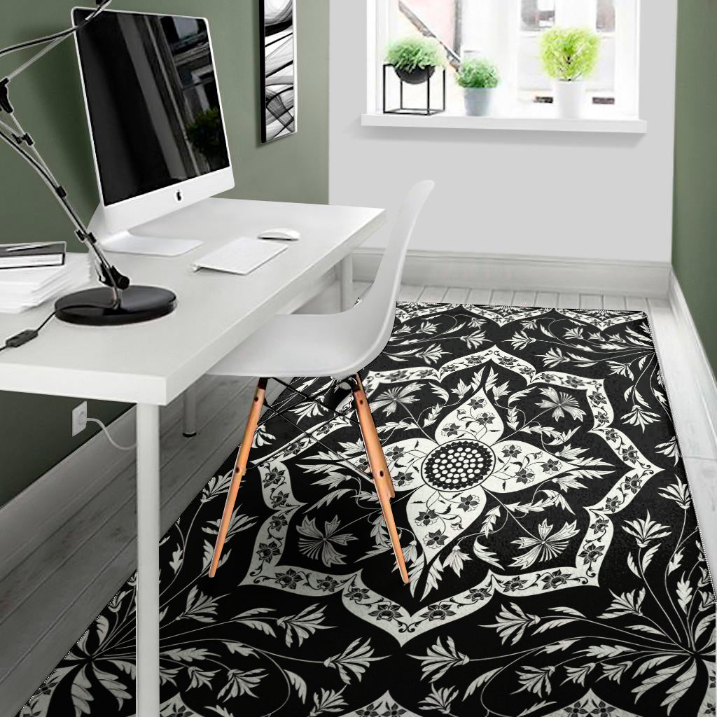 Black And White Lotus Mandala Print Area Rug