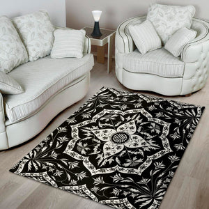 Black And White Lotus Mandala Print Area Rug