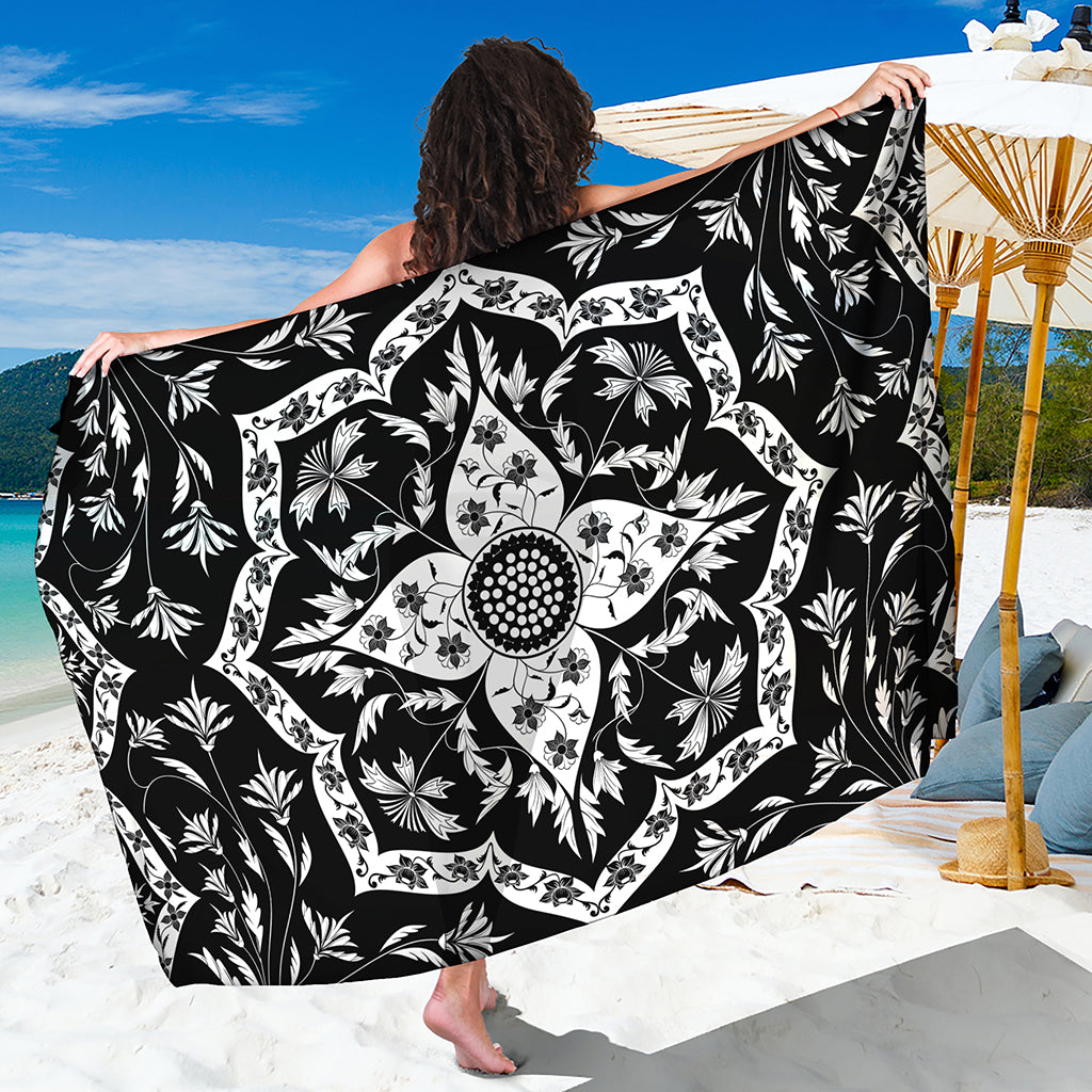 Black And White Lotus Mandala Print Beach Sarong Wrap