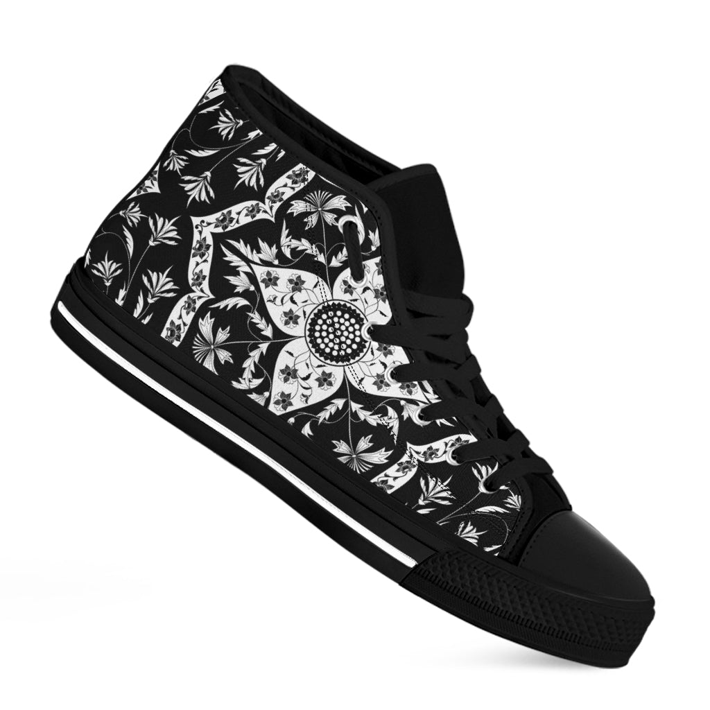 Black And White Lotus Mandala Print Black High Top Shoes