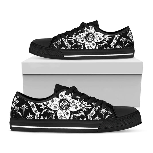 Black And White Lotus Mandala Print Black Low Top Shoes