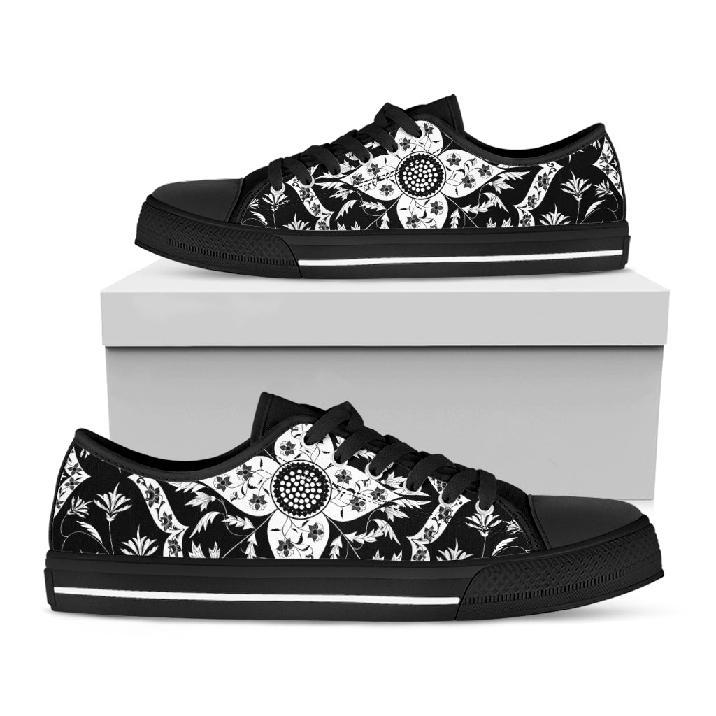 Black And White Lotus Mandala Print Black Low Top Shoes