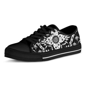 Black And White Lotus Mandala Print Black Low Top Shoes