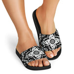Black And White Lotus Mandala Print Black Slide Sandals