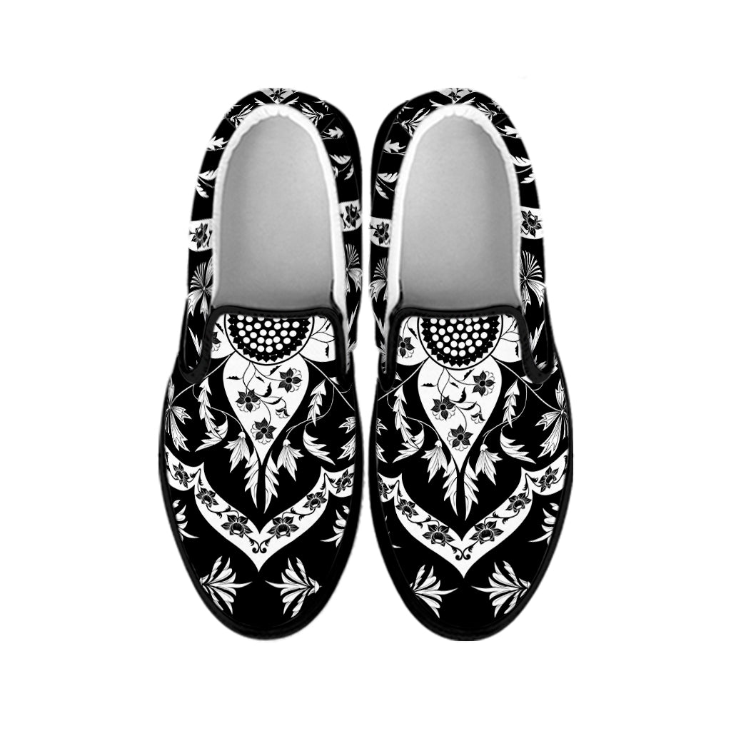 Black And White Lotus Mandala Print Black Slip On Shoes