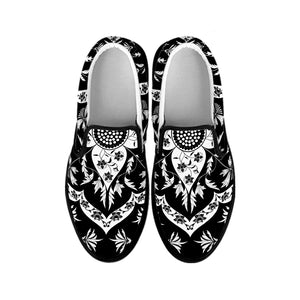 Black And White Lotus Mandala Print Black Slip On Shoes