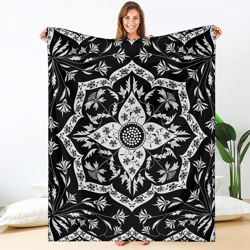 Black And White Lotus Mandala Print Blanket