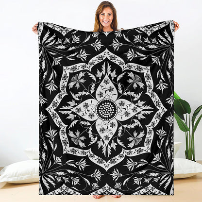 Black And White Lotus Mandala Print Blanket