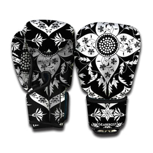 Black And White Lotus Mandala Print Boxing Gloves