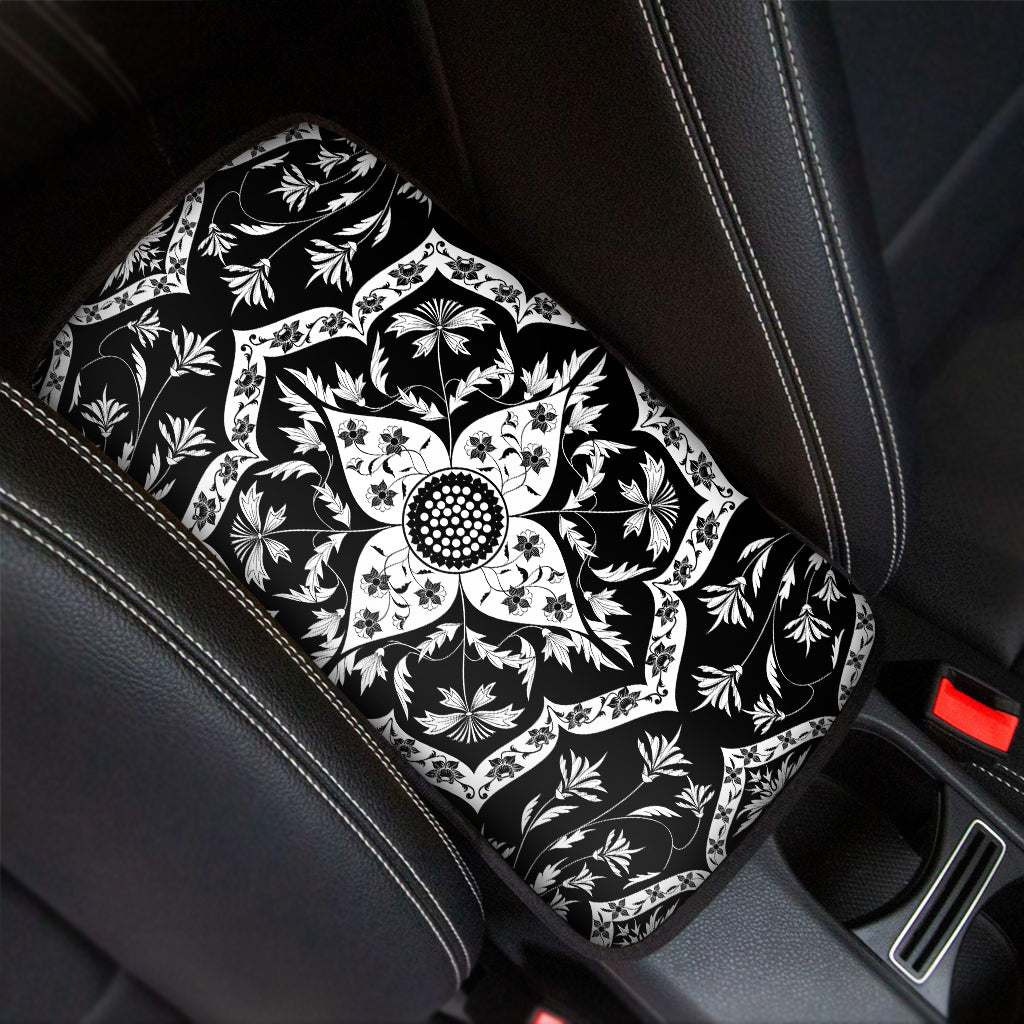 Black And White Lotus Mandala Print Car Center Console Cover