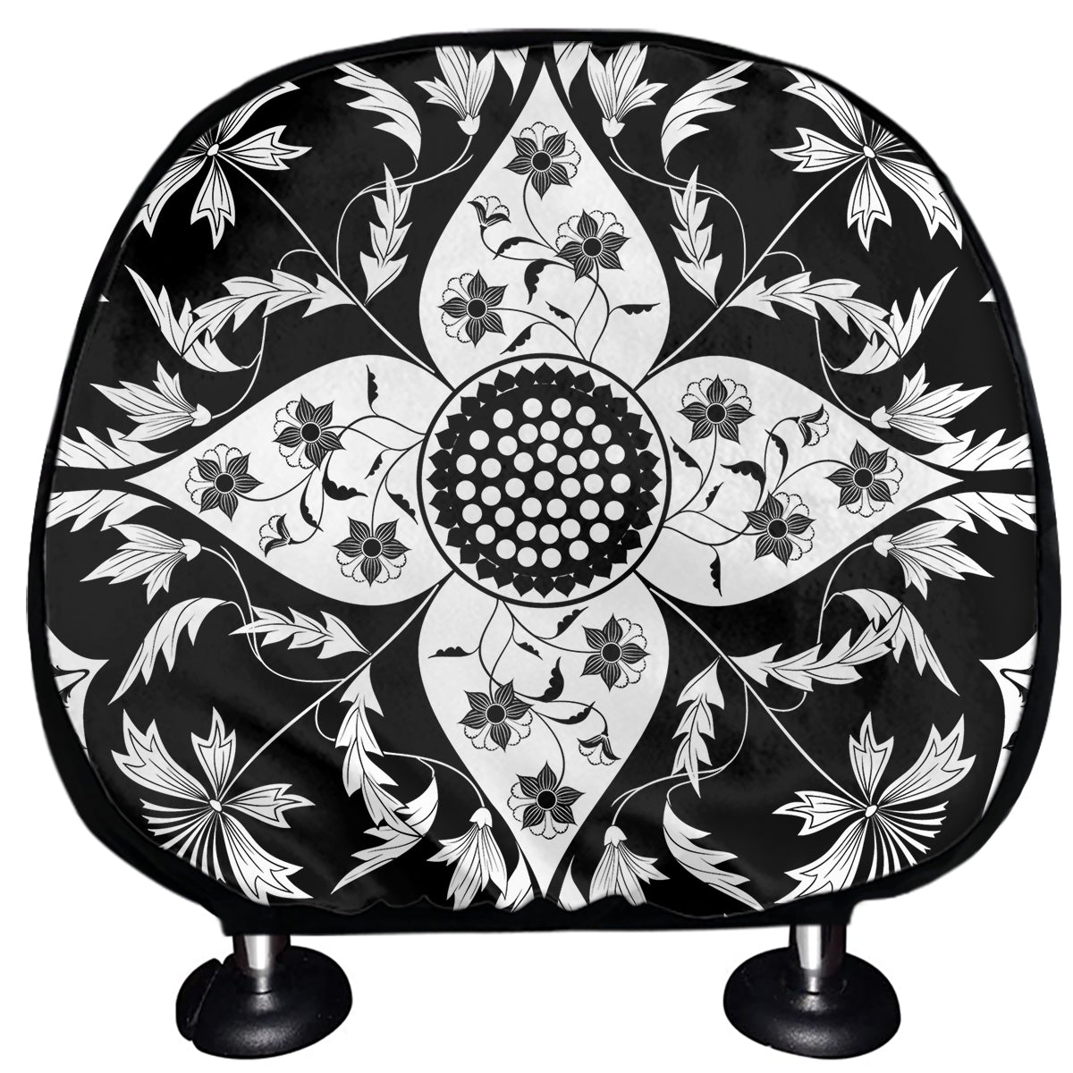 Black And White Lotus Mandala Print Car Headrest Covers