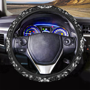 Black And White Lotus Mandala Print Car Steering Wheel Cover