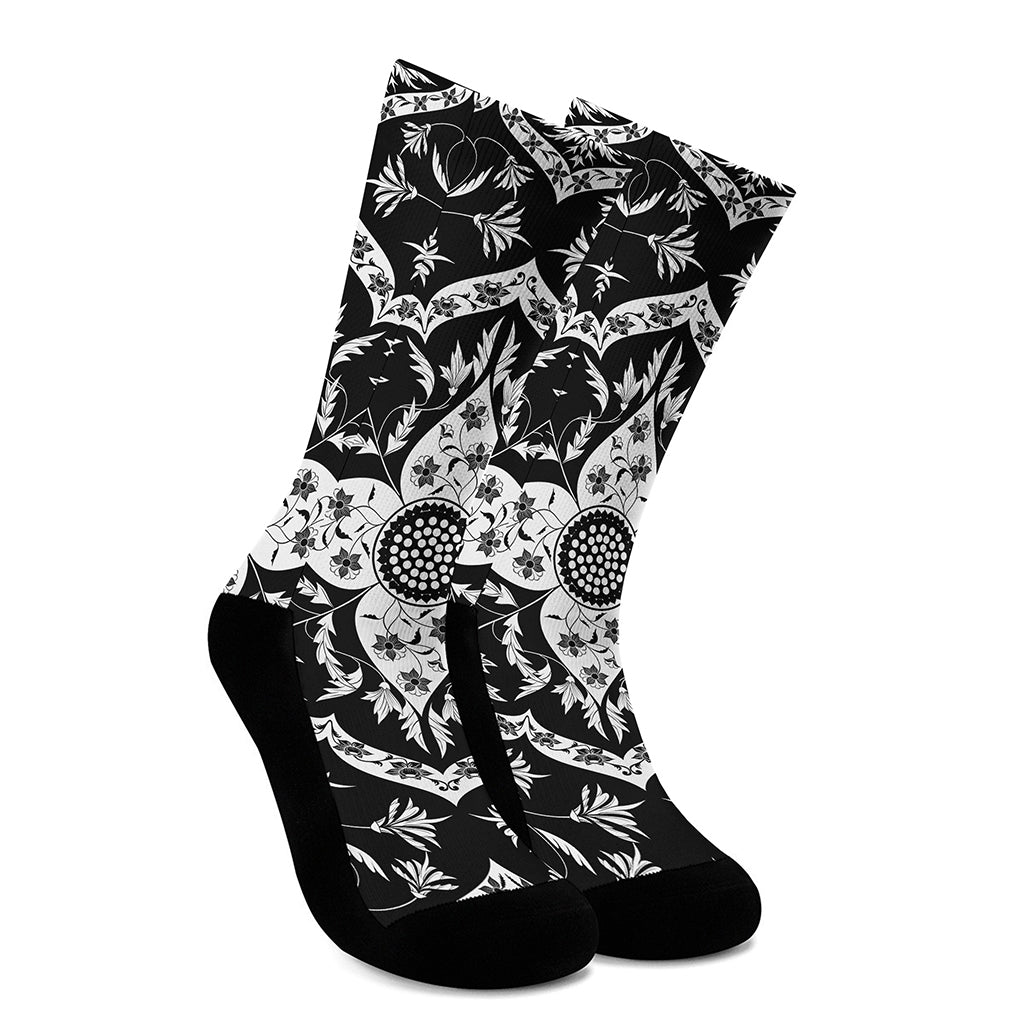 Black And White Lotus Mandala Print Crew Socks