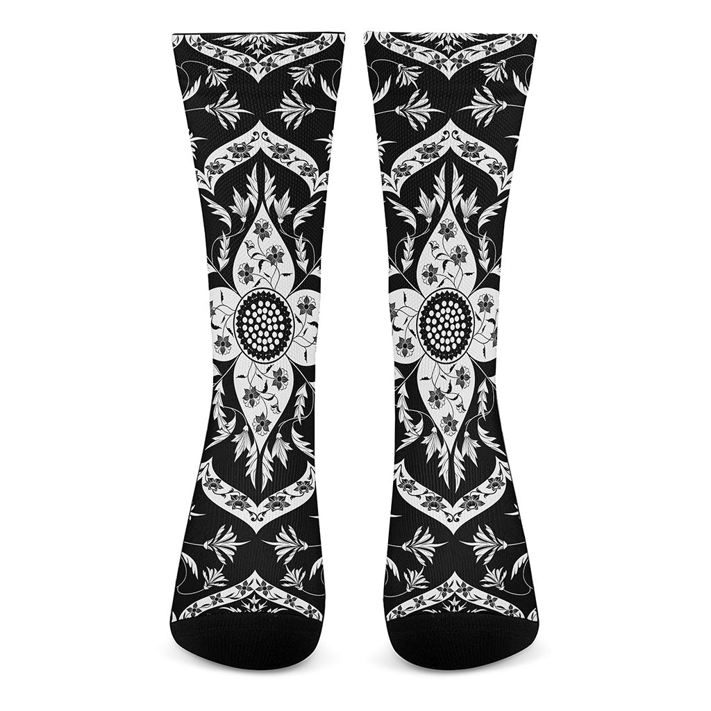 Black And White Lotus Mandala Print Crew Socks