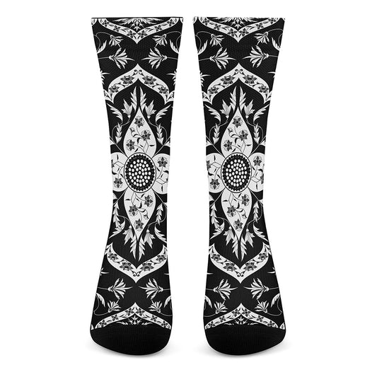 Black And White Lotus Mandala Print Crew Socks