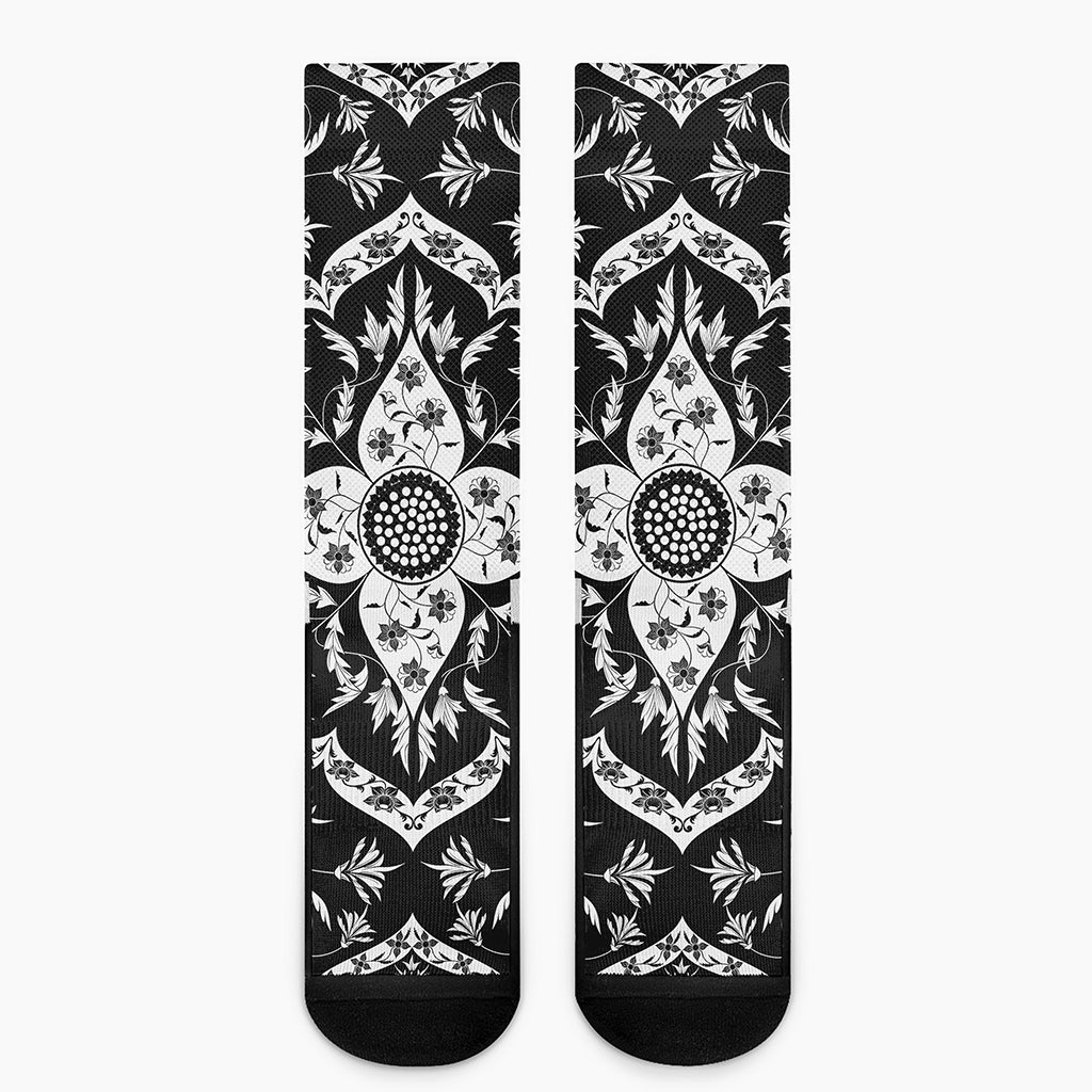 Black And White Lotus Mandala Print Crew Socks