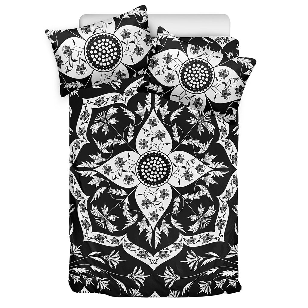 Black And White Lotus Mandala Print Duvet Cover Bedding Set