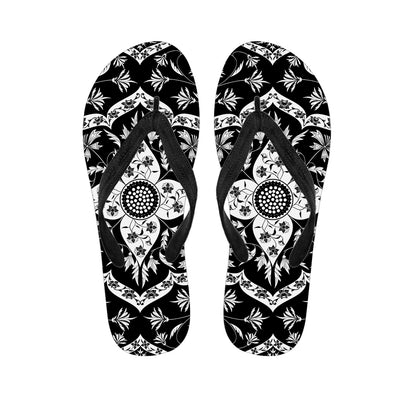 Black And White Lotus Mandala Print Flip Flops