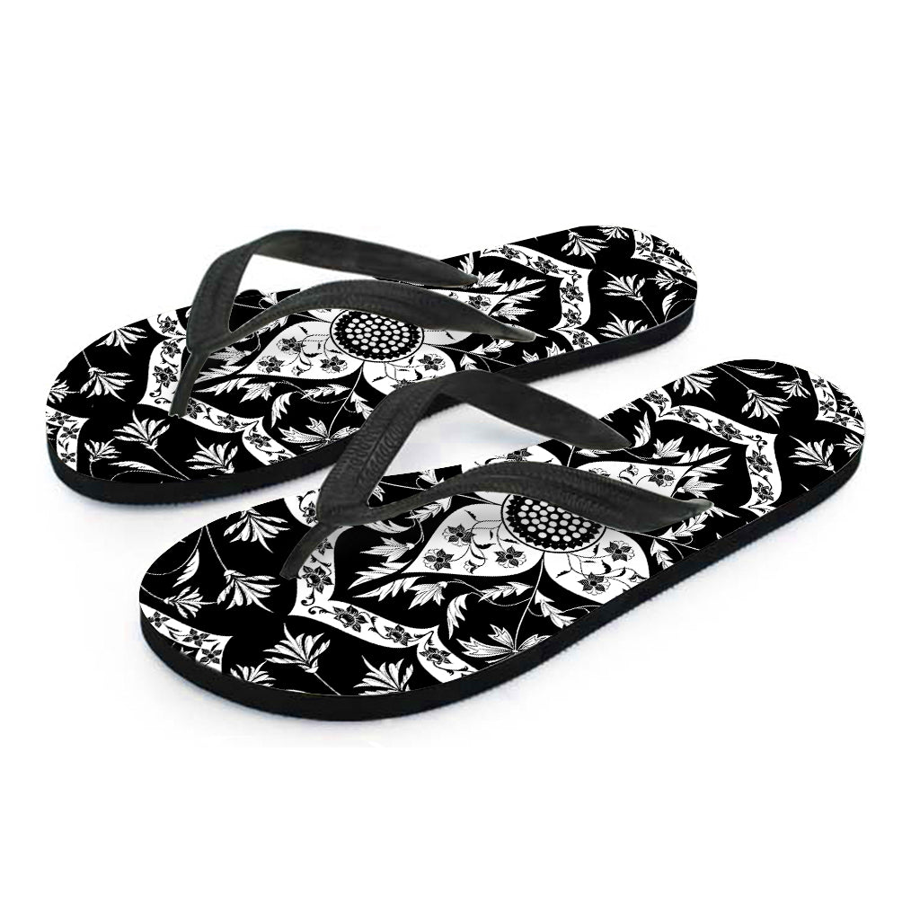 Black And White Lotus Mandala Print Flip Flops