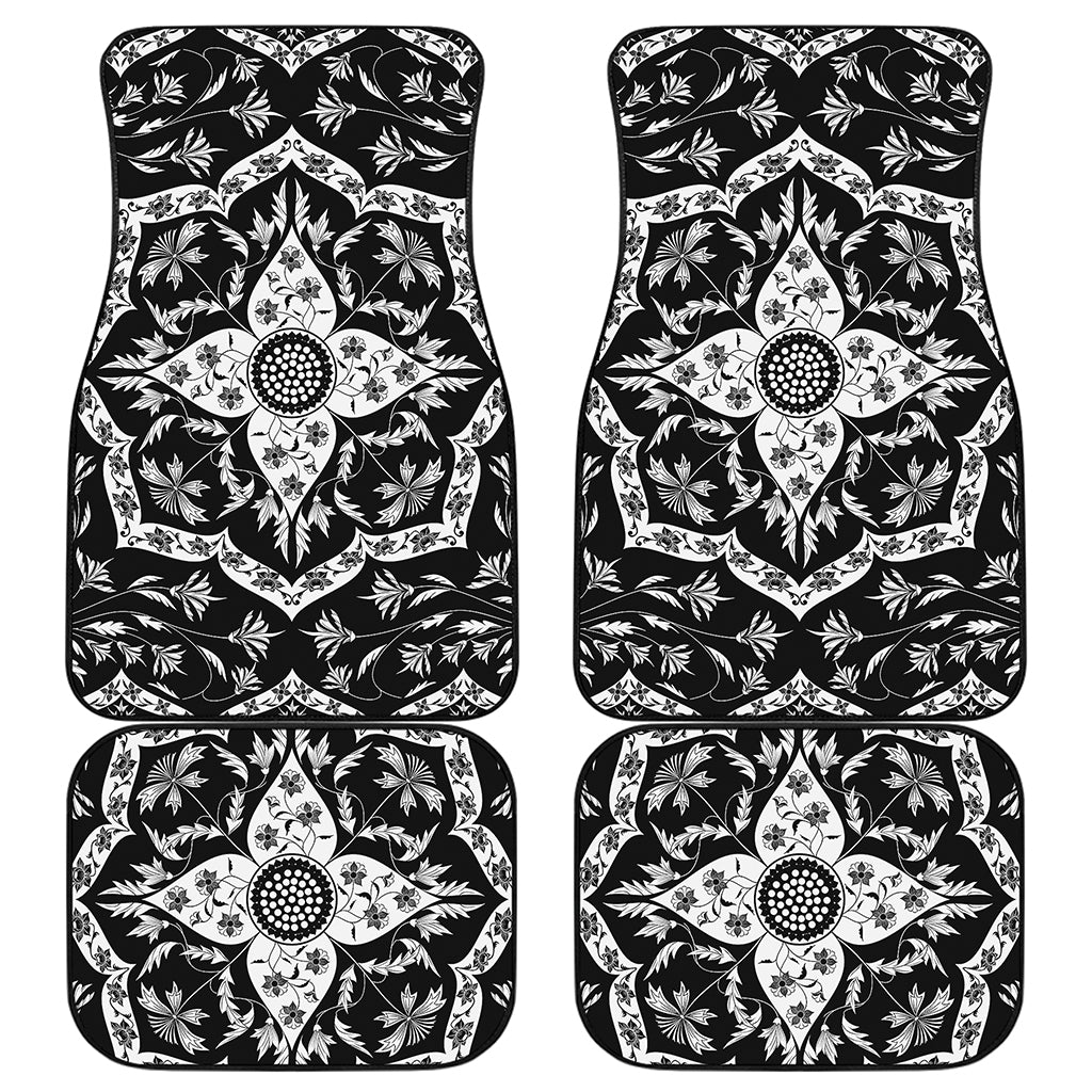 Black And White Lotus Mandala Print Front and Back Car Floor Mats