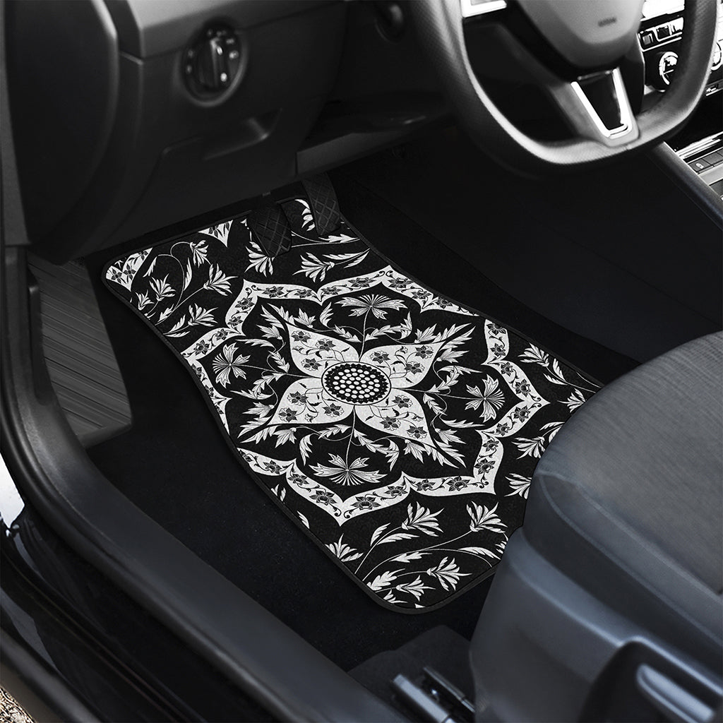 Black And White Lotus Mandala Print Front and Back Car Floor Mats