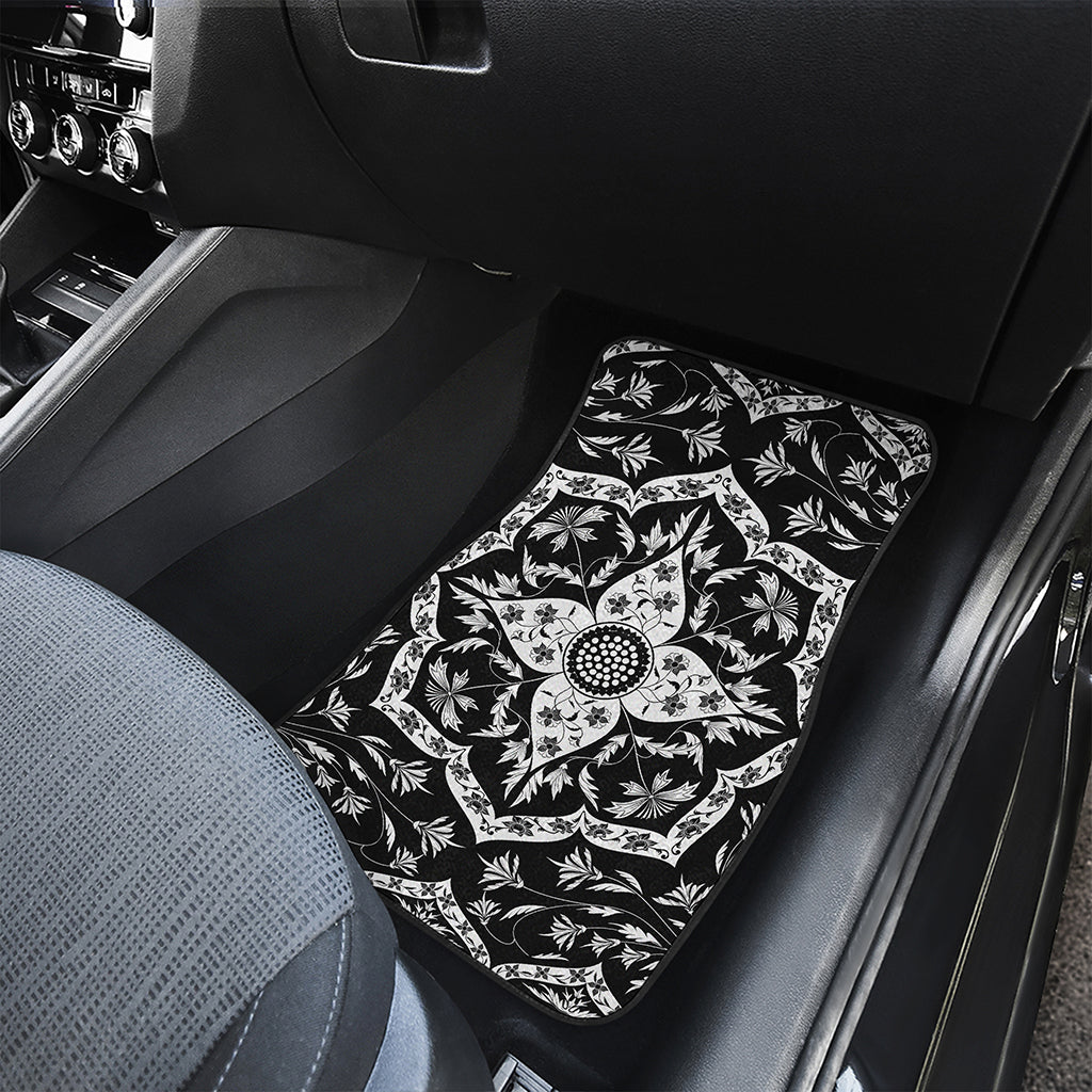 Black And White Lotus Mandala Print Front and Back Car Floor Mats