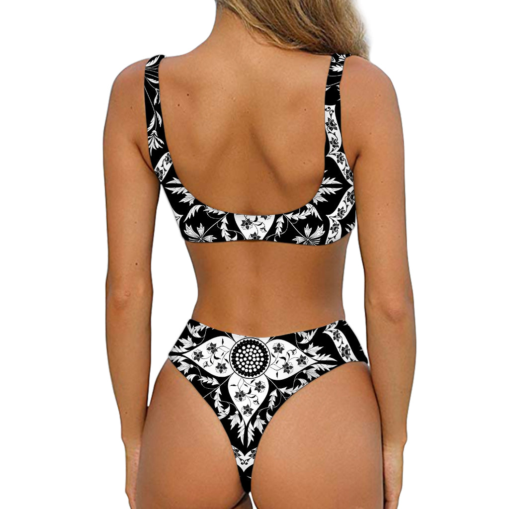 Black And White Lotus Mandala Print Front Bow Tie Bikini