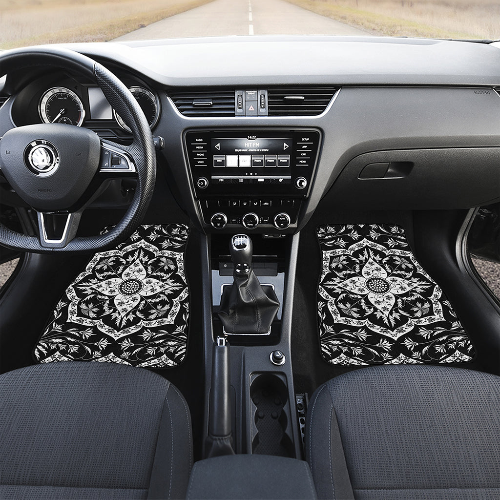 Black And White Lotus Mandala Print Front Car Floor Mats