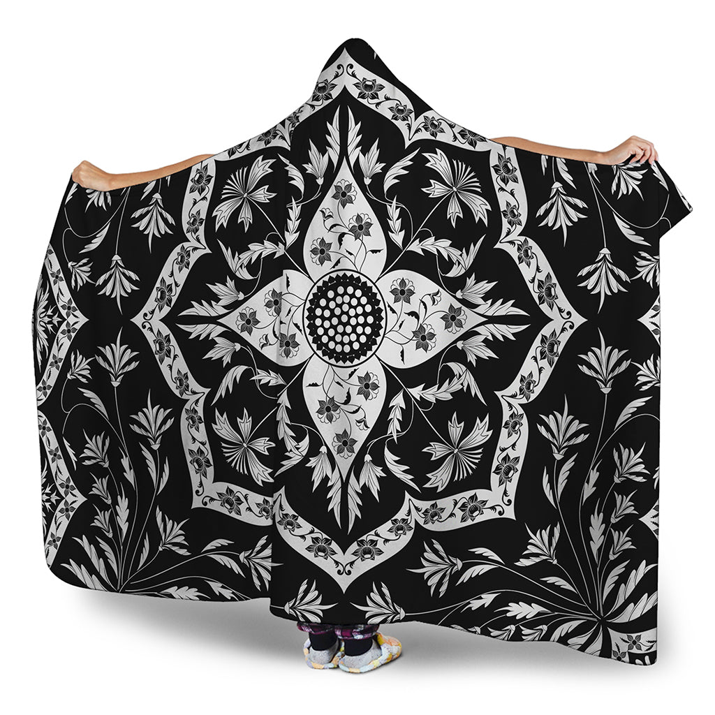 Black And White Lotus Mandala Print Hooded Blanket