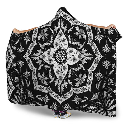 Black And White Lotus Mandala Print Hooded Blanket