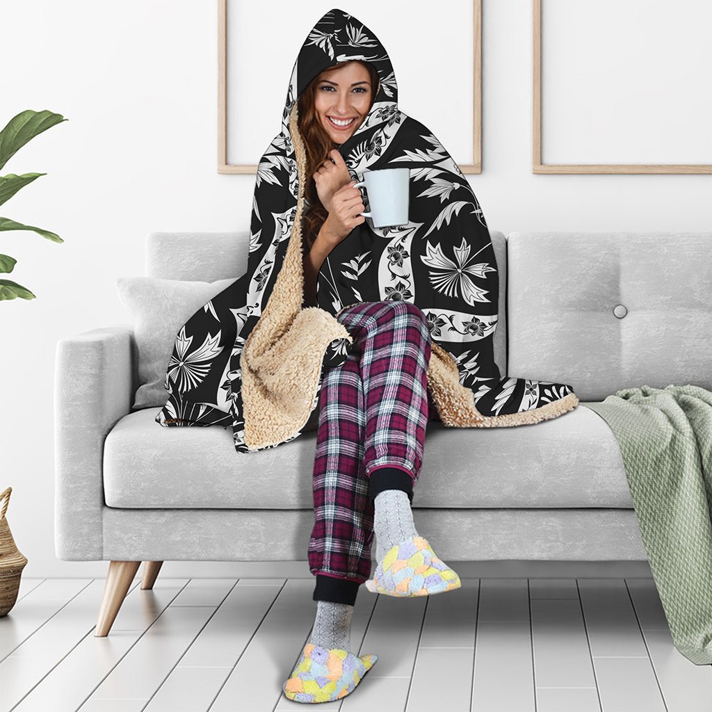 Black And White Lotus Mandala Print Hooded Blanket