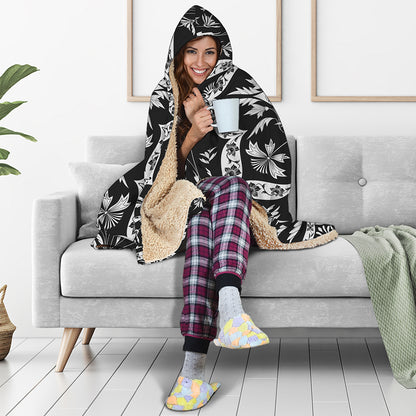 Black And White Lotus Mandala Print Hooded Blanket