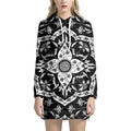 Black And White Lotus Mandala Print Pullover Hoodie Dress