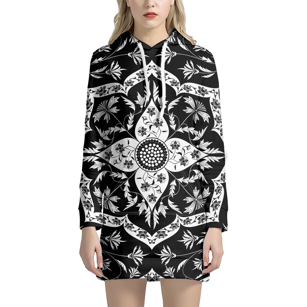 Black And White Lotus Mandala Print Hoodie Dress