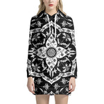 Black And White Lotus Mandala Print Hoodie Dress