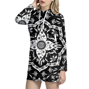 Black And White Lotus Mandala Print Hoodie Dress