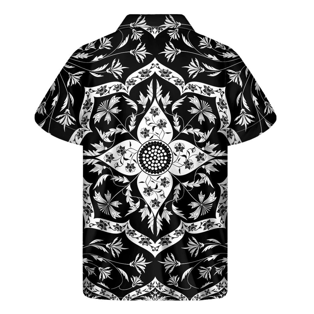 Black And White Lotus Mandala Print Men's Short Sleeve Shirt