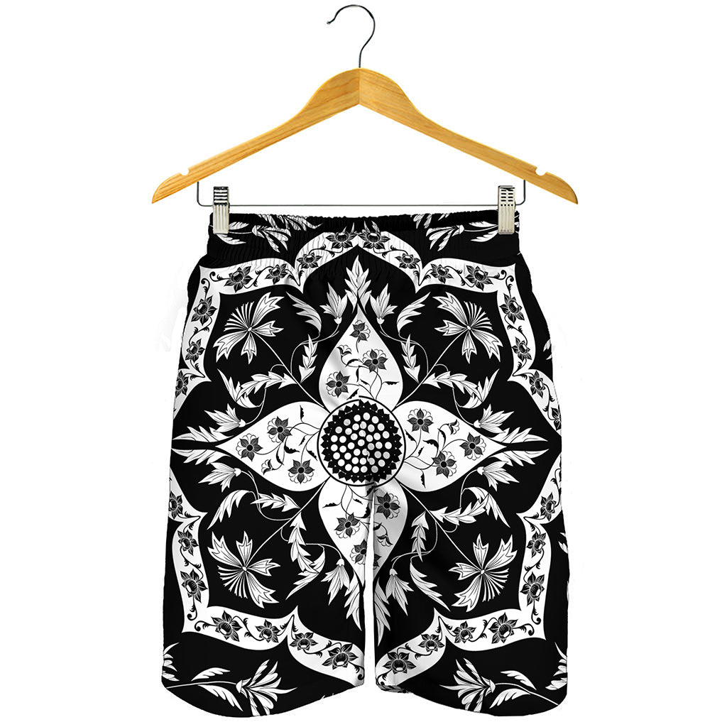 Black And White Lotus Mandala Print Men's Shorts