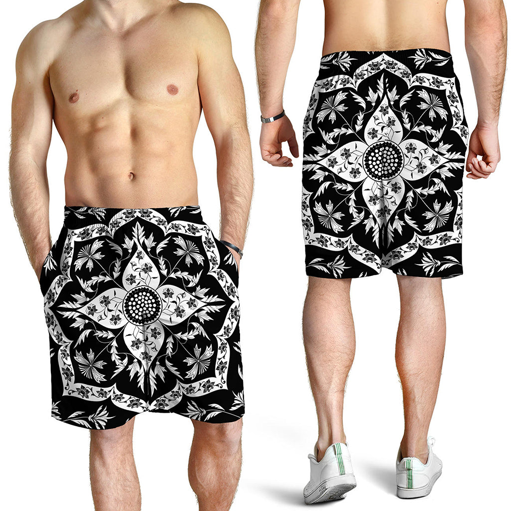 Black And White Lotus Mandala Print Men's Shorts