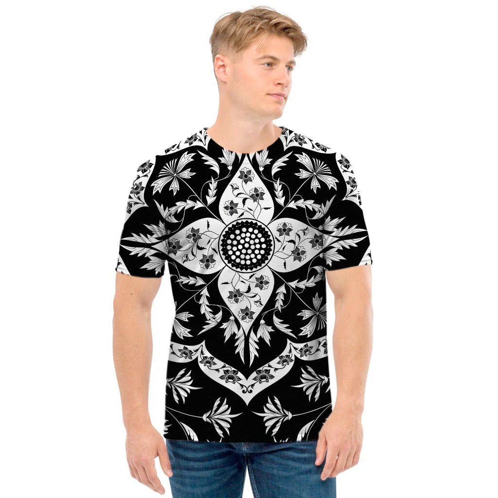 Black And White Lotus Mandala Print Men's T-Shirt